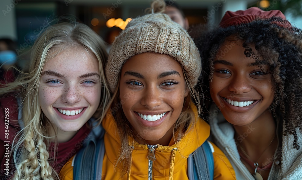 A happy group of young, multiracial college students walk and take a selfie on a city street, smiling together at the camera. A happy group of young, multiracial college students walk and take a selfie on a city street, smiling together at the camera.