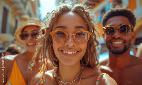 Millennial friends, a diverse group, stand together on a city street, laughing at the camera as they take a selfie. The happy tourists are enjoying a summer holiday.