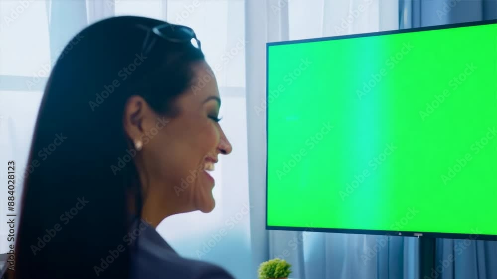 Female teacher giving a presentation in front of a green screen
