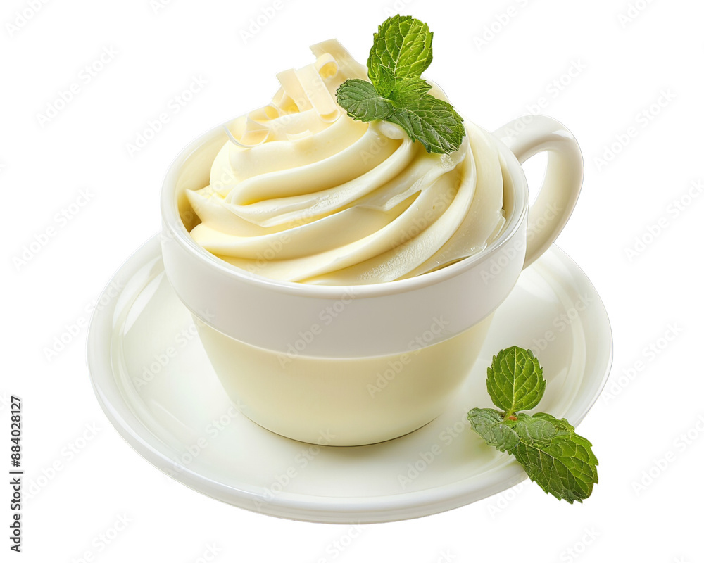 Delicious creamy dessert served in a white cup and garnished with fresh mint leaves, perfect for any sweet occasion. Delicious creamy dessert served in a white cup and garnished with fresh mint leaves, perfect for any sweet occasion.