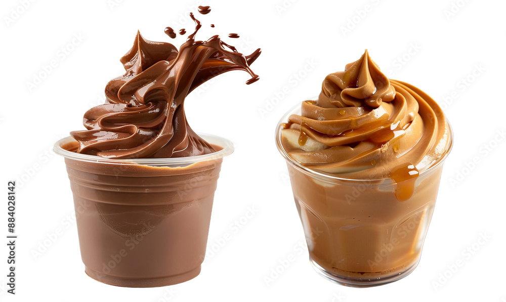 Delicious creamy chocolate and caramel desserts in clear plastic cups with swirled toppings and caramel drizzle, perfect for sweet cravings. Delicious creamy chocolate and caramel desserts in clear plastic cups with swirled toppings and caramel drizzle, perfect for sweet cravings.