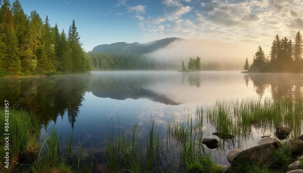 Fototapeta premium Foggy morning over a tranquil lake