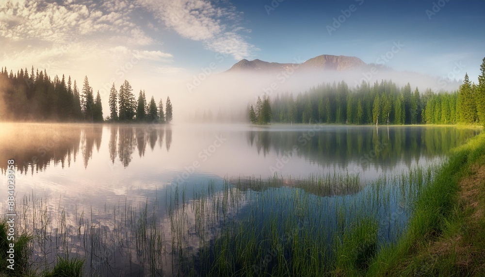 Foggy morning over a tranquil lake
