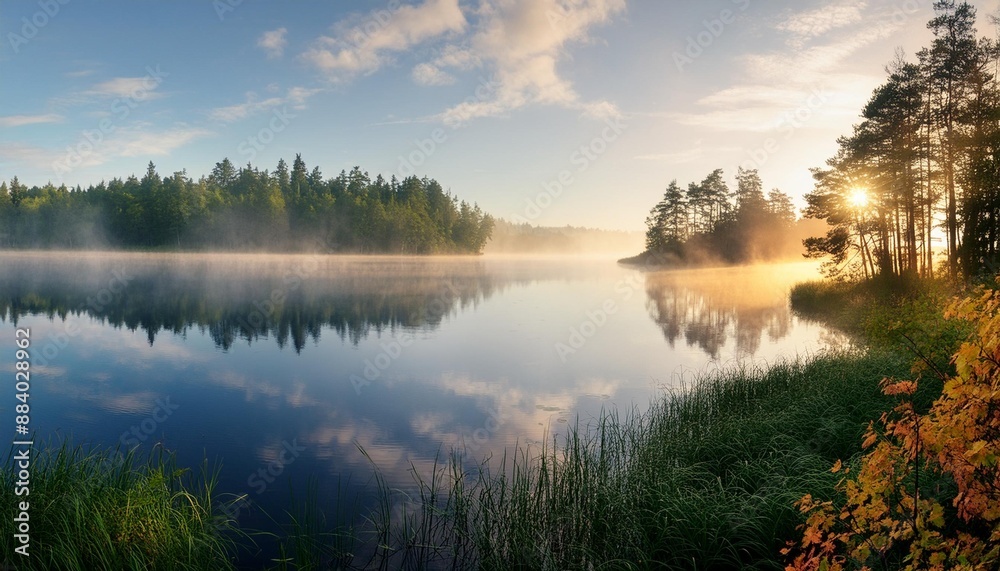Obraz premium Foggy morning over a tranquil lake