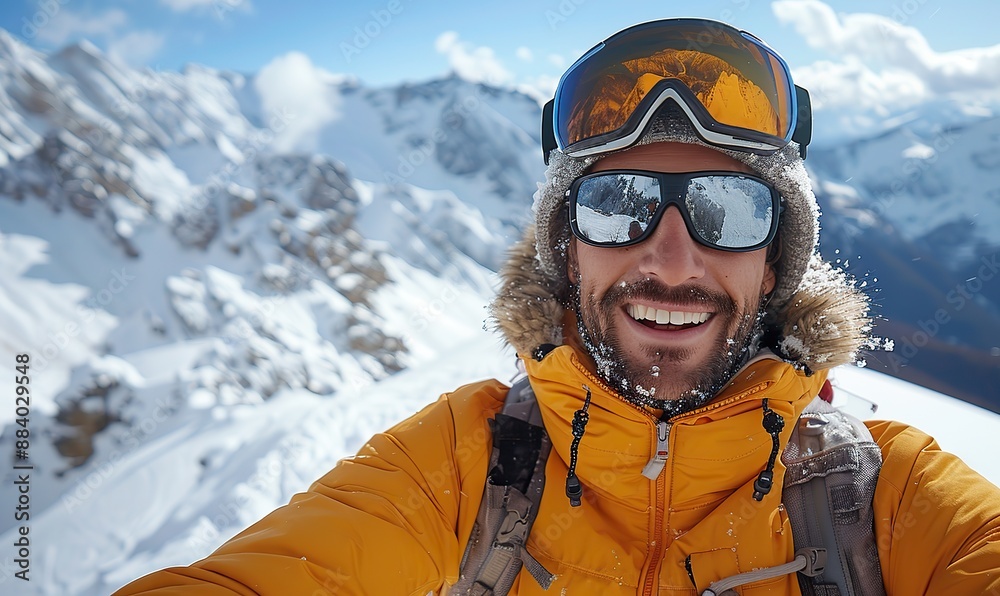 Young man taking a selfie while hiking on a snowy mountain slope, happy skier having fun in a ski resort during a winter vacation, embodying the concept of extreme sports and happy people. Young man taking a selfie while hiking on a snowy mountain slope, happy skier having fun in a ski resort during a winter vacation, embodying the concept of extreme sports and happy people.