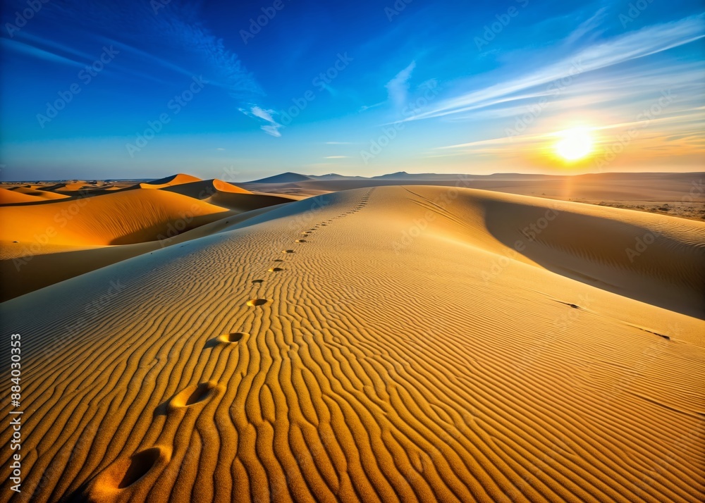 Naklejka premium Serene landscape of vast, rolling sand dunes stretching to the horizon, with subtle footprints tracing a solitary journey under a bright, cloudless sky.
