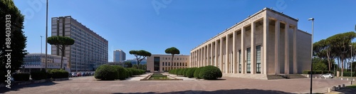 Panoramic view of Palazzo degli Uffici (offices palace) and piazzale delle fontane at EUR in Rome, example of the rationalist architecture of the first half of the 20th century photo