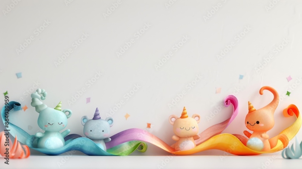 Adorable cartoon animals with unicorn horns on pastel background featuring whimsical rainbow ribbons and stars, perfect for children's decor. Adorable cartoon animals with unicorn horns on pastel background featuring whimsical rainbow ribbons and stars, perfect for children's decor.