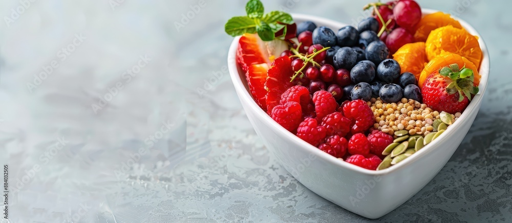 Heart-Shaped Bowl Filled with Fresh Berries, Nuts, and Dried Fruits on a Marble Background Heart-Shaped Bowl Filled with Fresh Berries, Nuts, and Dried Fruits on a Marble Background