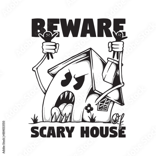 retro cartoon emblem of scary house holding peoples 