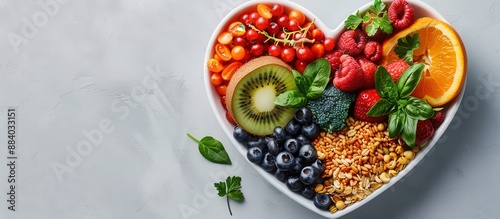 Wallpaper Mural Heart-Shaped Bowl Filled with Fresh Fruits, Vegetables, and Nuts on a Light Gray Background Torontodigital.ca