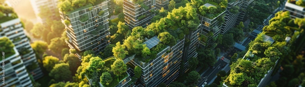 Aerial View of Modern Eco-Friendly Skyscrapers with Lush Green Rooftop Gardens in Urban Cityscape Aerial View of Modern Eco-Friendly Skyscrapers with Lush Green Rooftop Gardens in Urban Cityscape