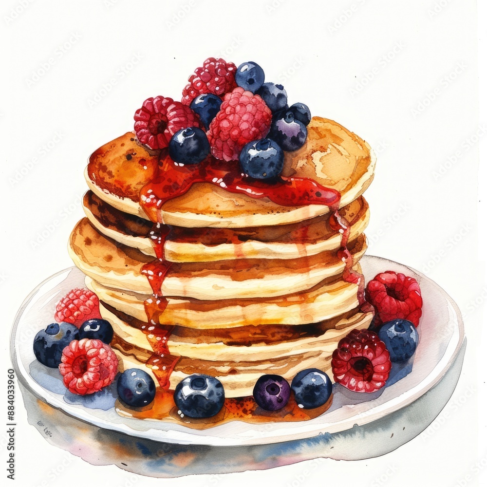 Watercolor Stack of Fluffy Pancakes with Fresh Berries and Sweet Maple Syrup. Delicious Homemade Breakfast Meal Watercolor Stack of Fluffy Pancakes with Fresh Berries and Sweet Maple Syrup. Delicious Homemade Breakfast Meal