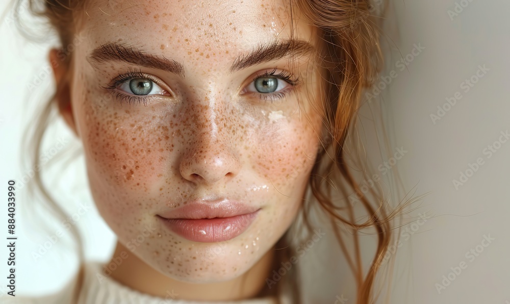 A young woman with problematic skin applies treatment cream on a white background, a concept about skincare. A young woman with problematic skin applies treatment cream on a white background, a concept about skincare.
