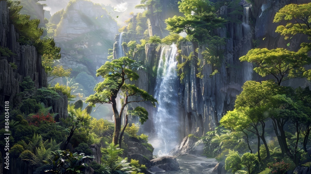 Enchanted Waterfall in a Lush Forest, Digital Art, Fantasy Landscape, Waterfall, Forest, Nature, Landscape Enchanted Waterfall in a Lush Forest, Digital Art, Fantasy Landscape, Waterfall, Forest, Nature, Landscape