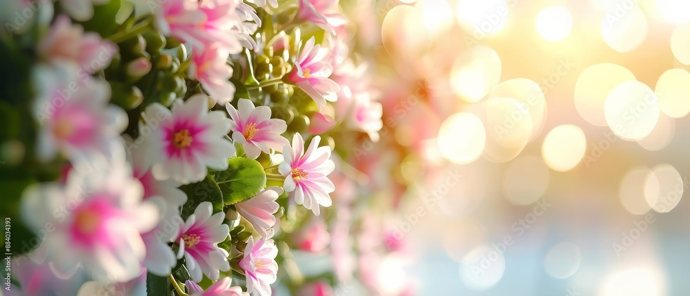 Beautiful pink and white flowers in full bloom with a soft, glowing bokeh background, creating a serene and peaceful atmosphere. Beautiful pink and white flowers in full bloom with a soft, glowing bokeh background, creating a serene and peaceful atmosphere.