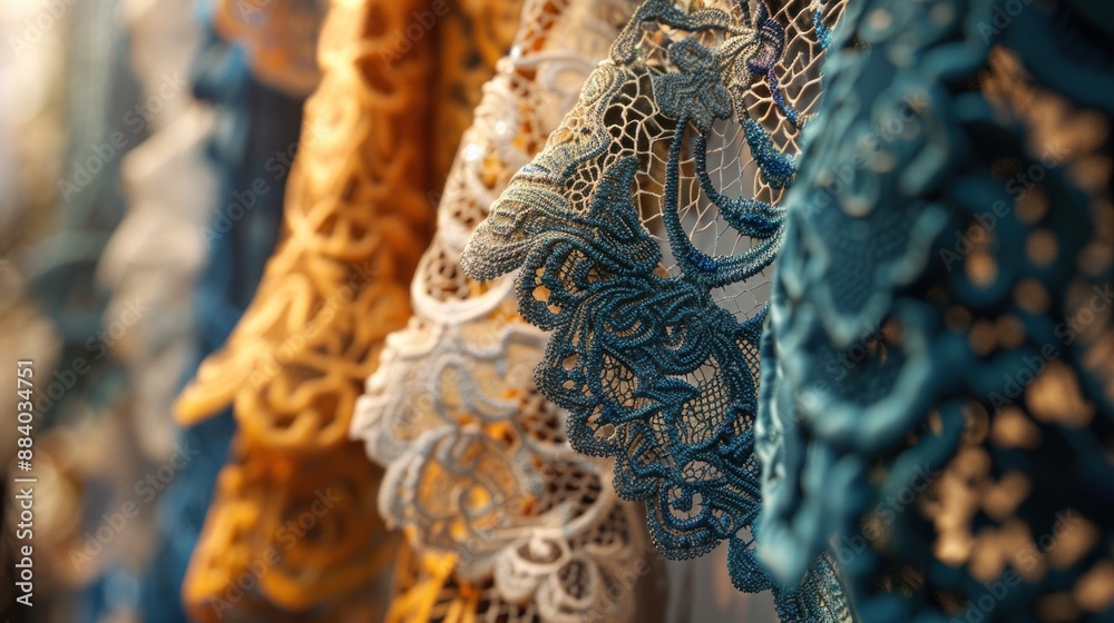 Fototapeta premium Close-up of the intricate lacework displayed in a shop window on Burano island, showcasing the traditional craft with vibrant shop background, Portrait close-up, hyper-realistic, high detail,