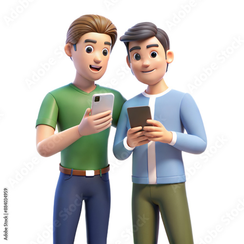 Two Cartoon Men Using Smartphones Together
