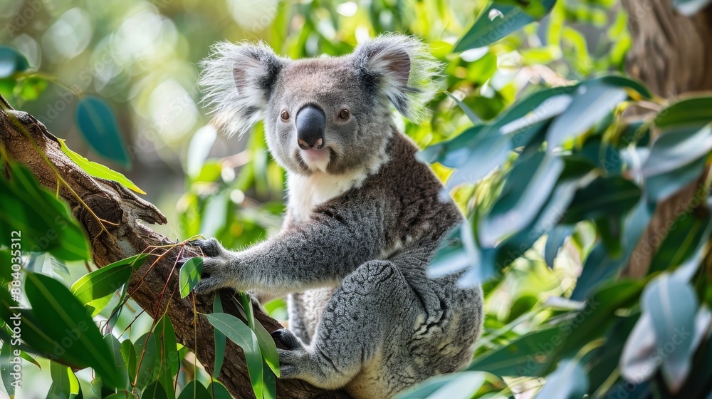 Naklejka premium A Close-up Portrait of a Koala Sitting in a Eucalyptus Tree, koala, eucalyptus, australia, wildlife,
