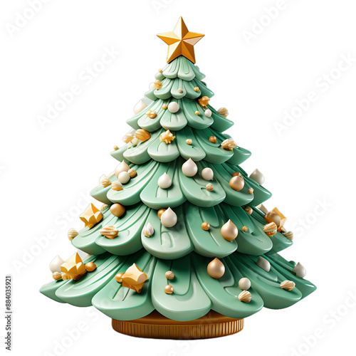 3D Christmas Tree with decorated gold star and balls on png transparent background