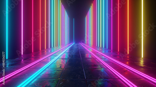 Vibrant Neon Tunnel with Reflective Floor and Vertical Light Strips photo