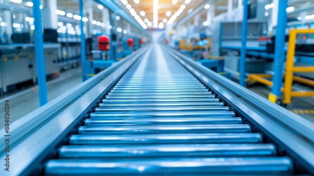 Inside a high-tech manufacturing plant, where automated machinery and conveyor belts produce network components, surrounded by a clean, organized workspace and advanced infrastructure Inside a high-tech manufacturing plant, where automated machinery and conveyor belts produce network components, surrounded by a clean, organized workspace and advanced infrastructure