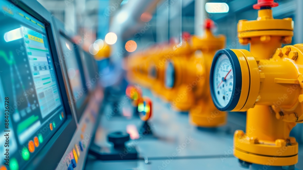 Fototapeta premium Interior of a modern factory, natural gas processing, automated robots, safety protocols, engineers monitoring digital screens