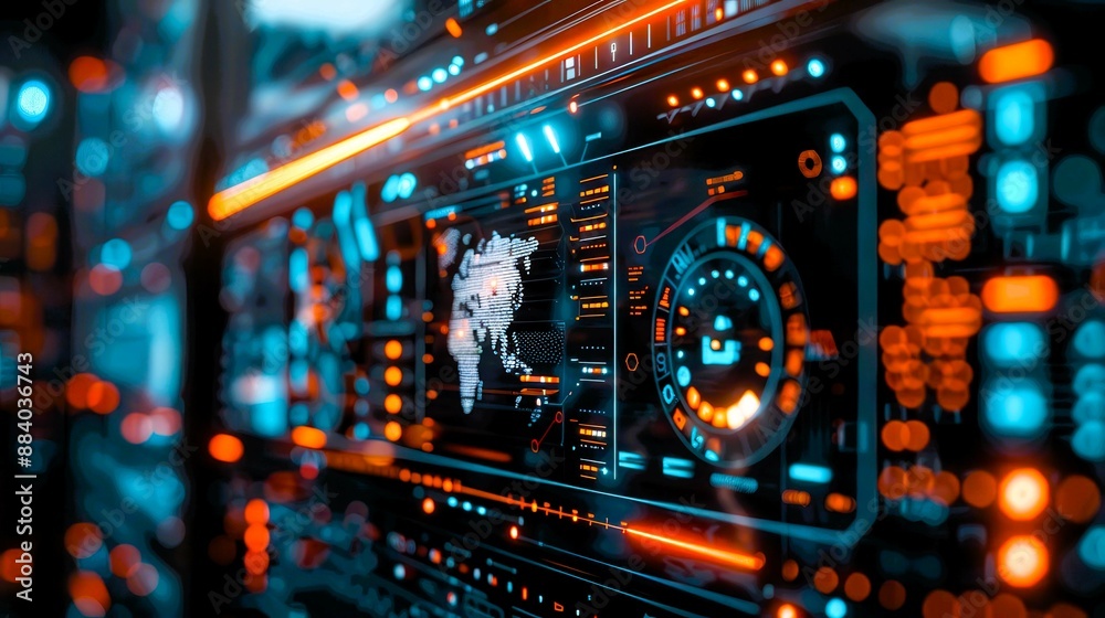 Fototapeta premium High-tech digital interface with glowing neon lights displaying futuristic data and analytics in a vibrant, cybernetic environment.
