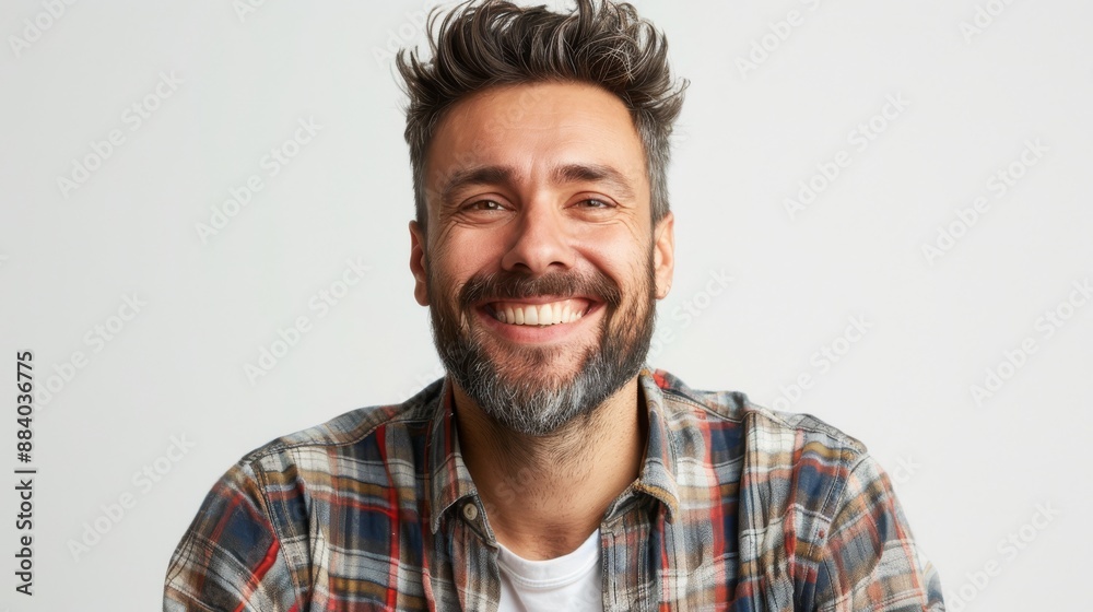 Bearded man in plaid shirt smiles broadly Bearded man in plaid shirt smiles broadly