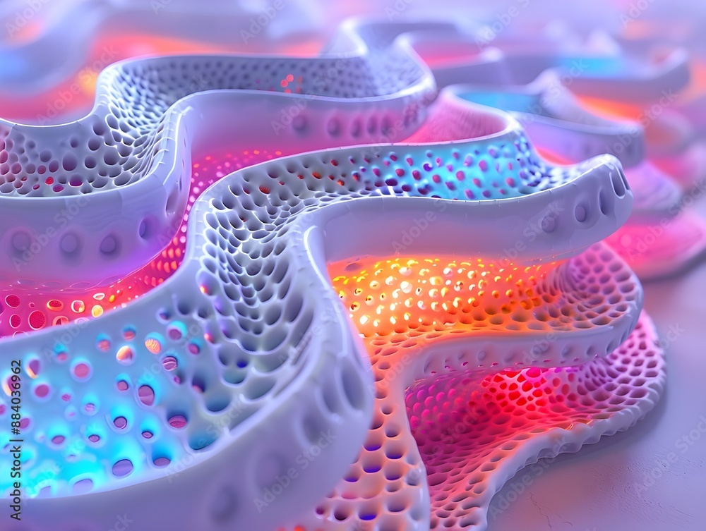 Obraz premium Metallic Neon 3D Cell Membrane with Embedded Proteins and Transport Channels