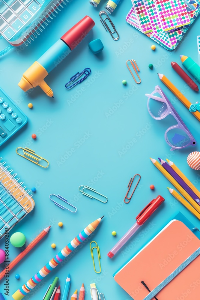 School workspace with crayons, paper, and pens, creative and organized table, flat design illustration School workspace with crayons, paper, and pens, creative and organized table, flat design illustration