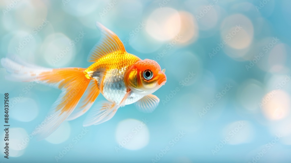 Close-up of a vibrant goldfish swimming in clear blue water with a soft focus background of bokeh lights. Close-up of a vibrant goldfish swimming in clear blue water with a soft focus background of bokeh lights.