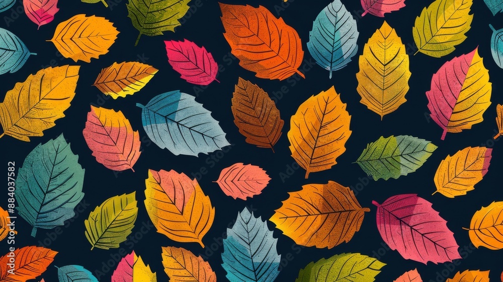 Colorful autumn leaves seamless pattern on dark blue background Colorful autumn leaves seamless pattern on dark blue background