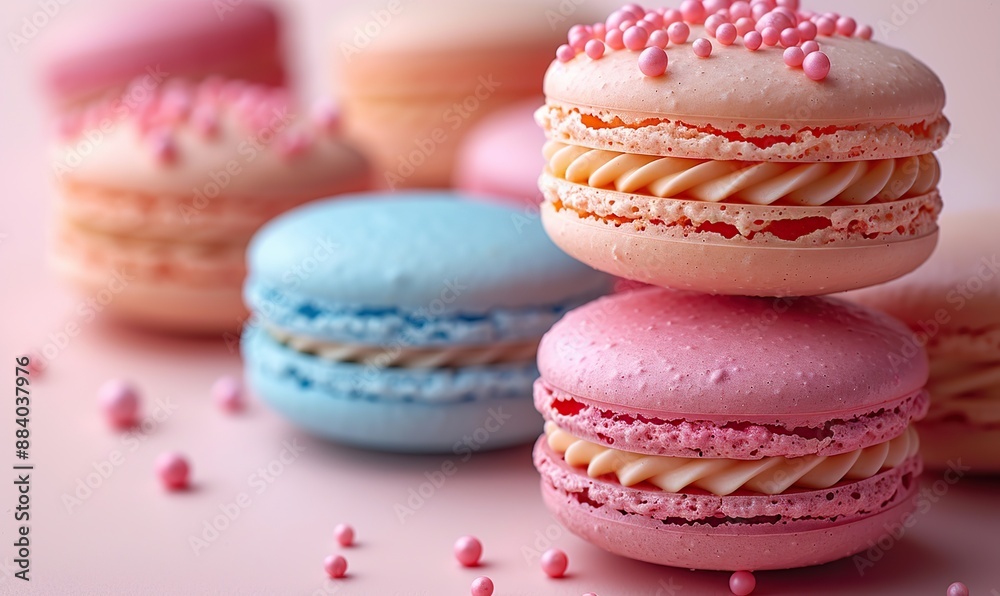 Pastel macarons on a light pink background, a delectable dessert top view.