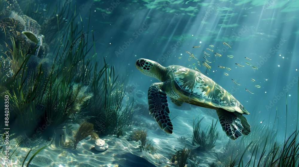 Fototapeta premium Graceful Sea Turtles Gliding Through Vibrant Underwater Seascape with Schools of Fish