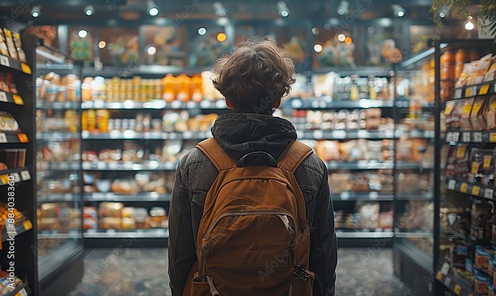 Young man wearing a rearview mirror shops in a supermarket. Young man wearing a rearview mirror shops in a supermarket.