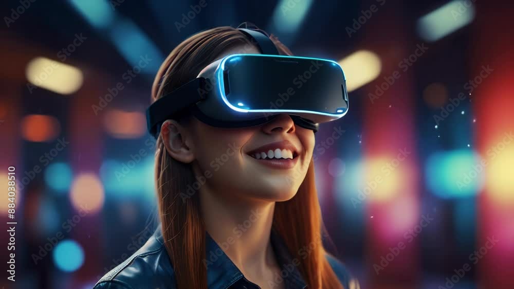 animation young woman experiencing virtual reality with vr headset glasses with floating blue digital network elements, technology and innovation educations and games animation young woman experiencing virtual reality with vr headset glasses with floating blue digital network elements, technology and innovation educations and games