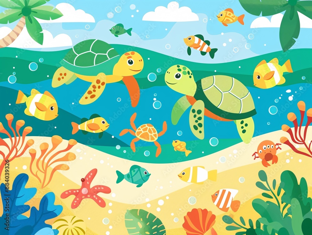 1. Set of cute turtles swimming in a vibrant sea near a sunny beach, surrounded by colorful coral, playful fish, and friendly crabs, with a backdrop of coconut trees and soft sand, all illustrated in 1. Set of cute turtles swimming in a vibrant sea near a sunny beach, surrounded by colorful coral, playful fish, and friendly crabs, with a backdrop of coconut trees and soft sand, all illustrated in