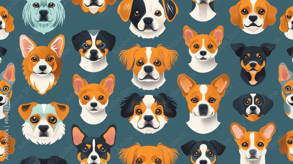 Seamless pattern with various colorful cartoon dog faces on dark blue background Seamless pattern with various colorful cartoon dog faces on dark blue background
