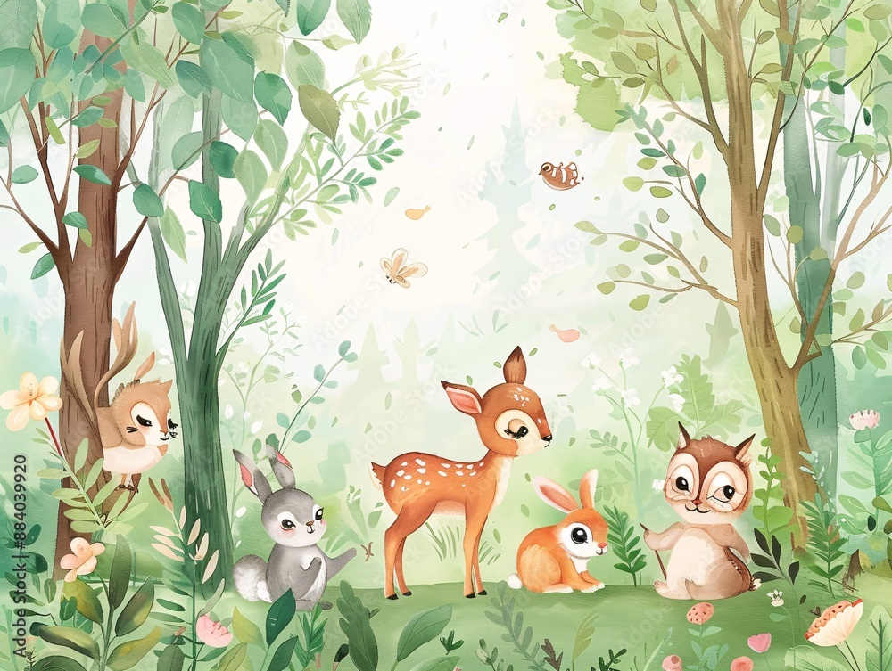 Naklejka premium 1. Cute forest animals playing among lush green trees in a vibrant woodland, featuring a joyful deer, a curious rabbit, a playful squirrel, and a wise owl, all illustrated in a whimsical watercolor