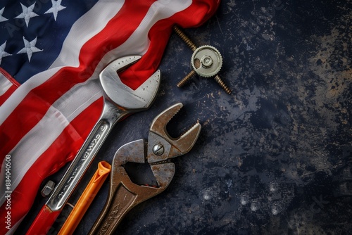 An American flag with various construction tools on a dark background.