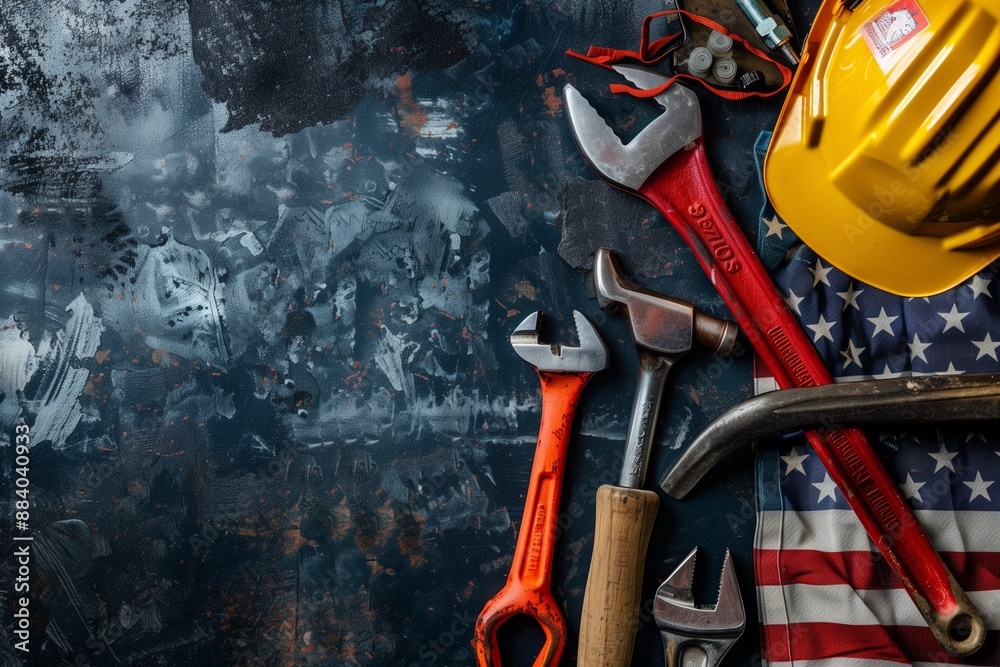 An American flag with various construction tools on a dark background.