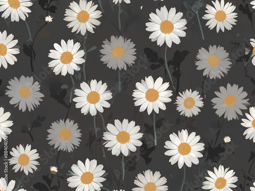 Delicate Daisies on Dark Background Monochrome Daisy Floral Pattern White Daisy Pattern