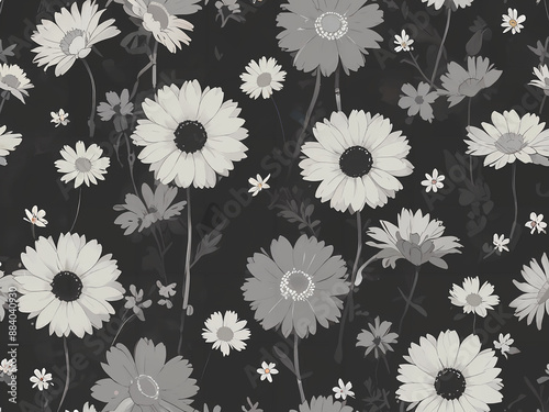 Delicate Daisies on Dark Background Monochrome Daisy Floral Pattern White Daisy Pattern