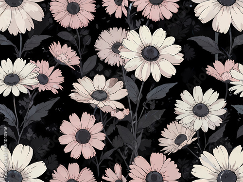 Delicate Daisies on Dark Background Monochrome Daisy Floral Pattern White Daisy Pattern