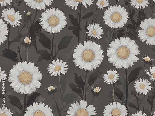 Delicate Daisies on Dark Background Monochrome Daisy Floral Pattern White Daisy Pattern