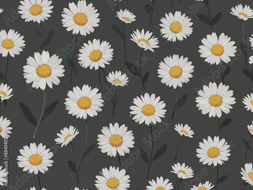 Delicate Daisies on Dark Background Monochrome Daisy Floral Pattern White Daisy Pattern