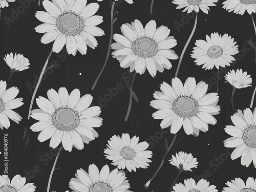 Delicate Daisies on Dark Background Monochrome Daisy Floral Pattern White Daisy Pattern