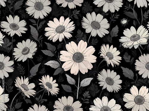 Delicate Daisies on Dark Background Monochrome Daisy Floral Pattern White Daisy Pattern