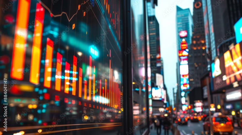 A bar graph displayed on a digital billboard in a busy urban area, illustrating economic growth. A bar graph displayed on a digital billboard in a busy urban area, illustrating economic growth.